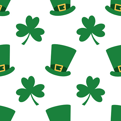 Saint Patrick's Day cute seamless pattern. An endless background with green cylinder hats and three leaf shamrock. Wrapping paper, wallpaper, banner, poster, background template.