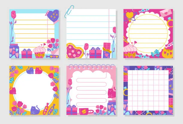 Vector illustration of Paper sticky notes Notepaper Sticker Notepads set Valentine's Day elements sheet list copybook page