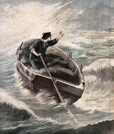 Vintage illustration Maritime History, Lost at Sea, Sailor waving at a passing steamship 1890s, 19th Century