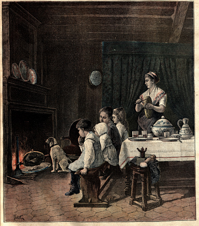Vintage illustration The Wait, Family and pet dog waiting for a turkey to cook by the open fire, after the painting by Carl Hagg, 1890s, 19th Century