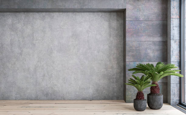 istock Empty unfurnished interior: a room with concrete wall and niche with two potted plants in front of the windows 1991014549