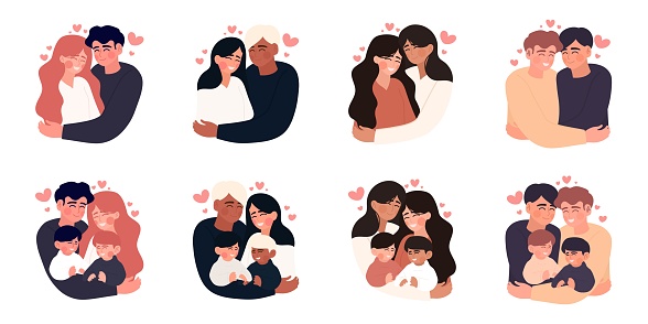 An illustration of a couple or couples of different genders along with an illustration of couples or couples of different genders and their children.