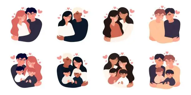 Vector illustration of Illustrations include couples or married couples of various genders and their children