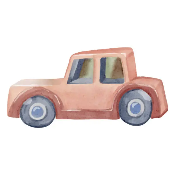 Vector illustration of Watercolor car illustration. Watercolor toys. Cute cartoon auto