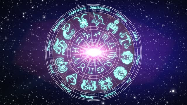 Astrological chart of the 12 signs of the Zodiac, rotating slowly on a deep space background with stars in 3D space and a slow smooth dolly-in camera move, mystical dark purple and blue color scheme