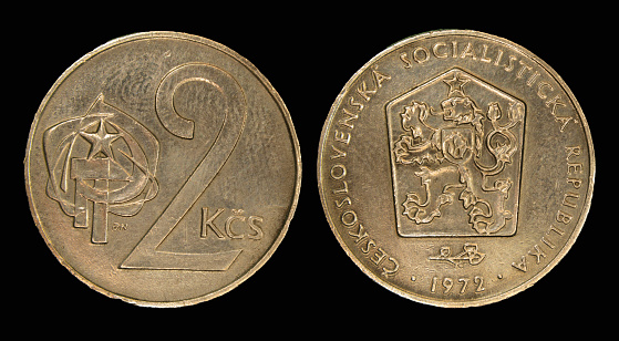 Two Czechoslovakian koruna coins, arranged in a vertical composition