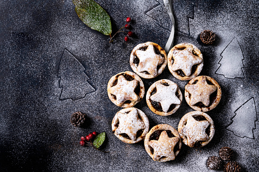 Christmas Mince Pies with festive  background and copy space to the left of the Mince Pies.