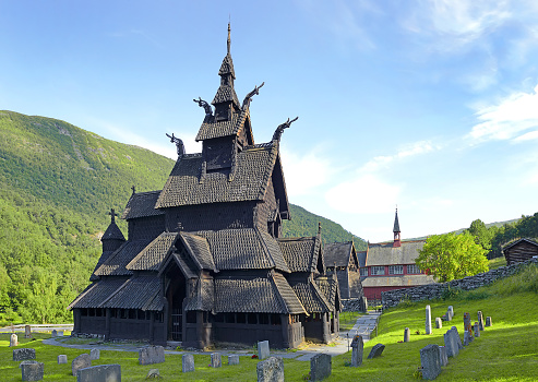 The Stave Church of Borgund in Laerdal, Norway - one of the collection of famous wooden churches of Norway