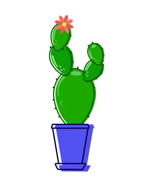 Vector illustration of A potted prickly cactus is blooming a flower. Vector.
