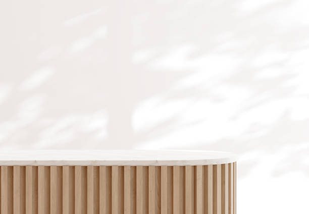 istock Minimal style luxury podium with wooden slats and white marble top 3d render 1991093843