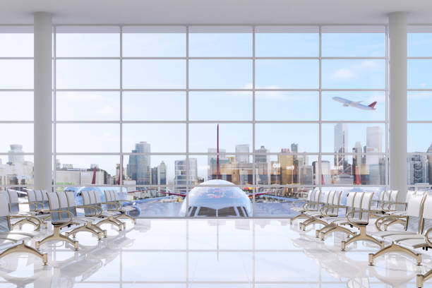 istock Modern style empty airport terminal lounge with city view background 3d render 1991093846