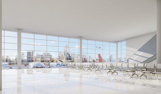 Modern style empty airport terminal lounge with city view background 3d render, There are large window overlooking a plane taking off.