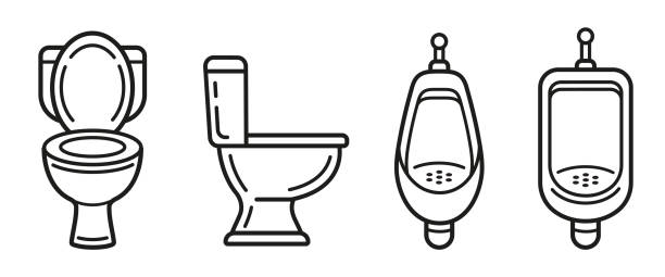 illustrazioni stock, clip art, cartoni animati e icone di tendenza di sedile del water, ciotola dell'orinatoio maschile nel bagno pubblico, pissoir degli uomini in ceramica, set di icone della linea di toilette wc con sciacquone. vaschetta per l'urina a parete del bagno. impianto idraulico del bagno. attrezzature igienico-sa - gatto