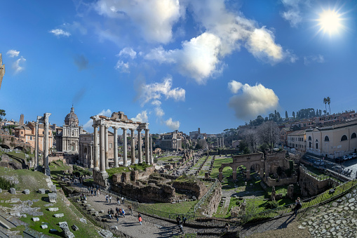 Rome, Lazio, Italy - 4, February 2024: The Roman Forum is today part of the Colosseum archaeological park, preserving the most significant testimonies of history while being at the center of public life in ancient Rome.