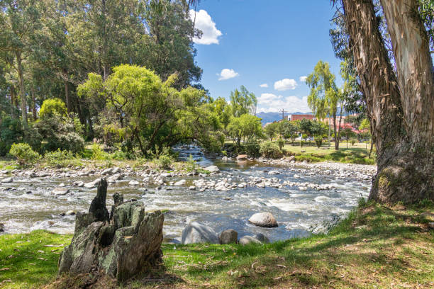 The confluence of rivers Tomebamba and Yanuncay in the valley of city Cuenca, El Paraiso Park, Ecuador