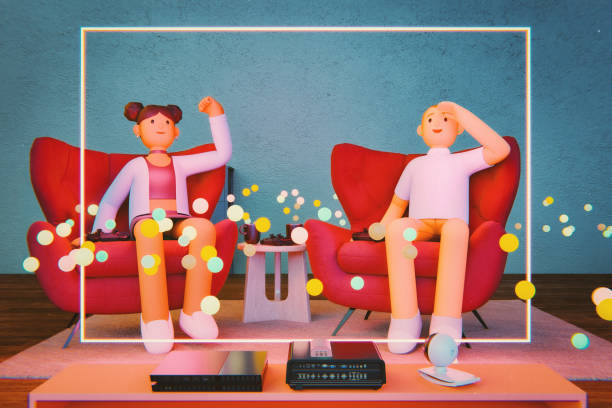 Cartoon couple playing video games. 3D generated image.