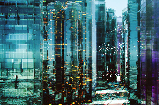 Futuristic glass skyscrapers. 3D generated image.