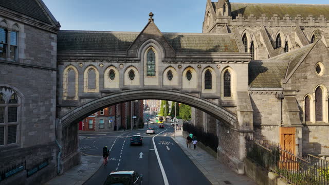 Stone bridge over a road, Aerial view of Christ Church Cathedral in Dublin-Ireland, Crowded city centre, buildings and traffic, Dublin city centre, Aerial view of dublin ireland, Popular tourist destinations in ireland