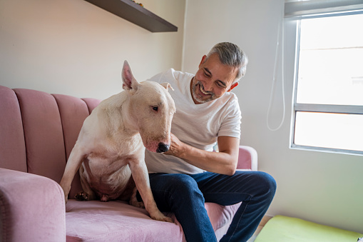 Owner aged between 45-55 years old is with his dog spend time at home