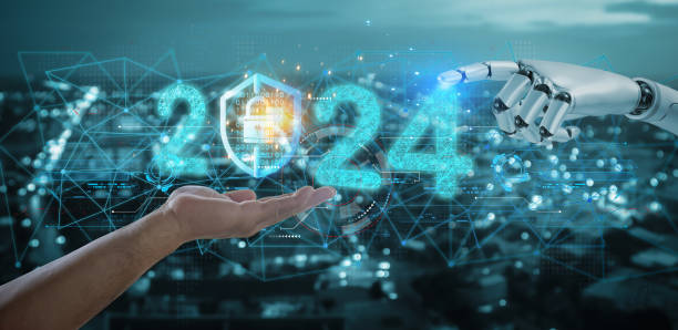 Businessman holds internet network security key, Encryption of user personal information, Cyber security and network information data protection of annual business plan 2024.