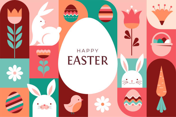 illustrazioni stock, clip art, cartoni animati e icone di tendenza di happy easter geometric background, easter egg card, framed banner design - rabbit easter flower frame