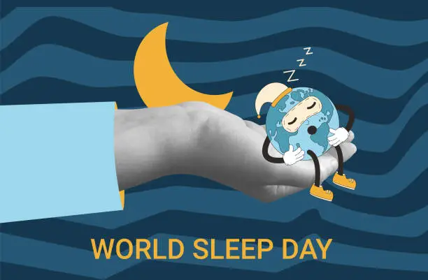 Vector illustration of World sleep day horizontal banner. Earth mascot with hand collage card. Planet retro poster. Template for holiday design with glop map. Vector illustration
