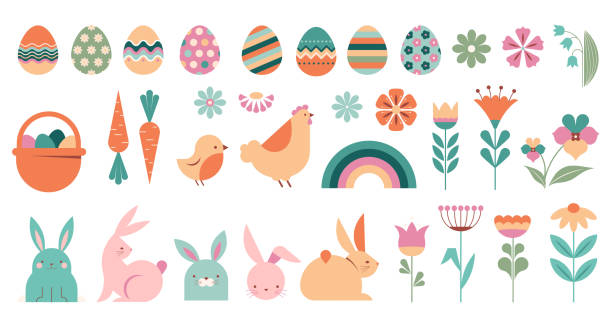 happy easter collection of illustrations, icons, symbols and graphic elements. pastel color set with bunnies, flowers, eggs and basket, easter card, banner design - osterei stock-grafiken, -clipart, -cartoons und -symbole