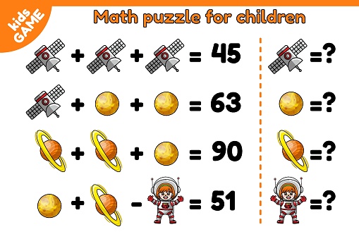 Math space kids game. Educational puzzle for preschool and school children. Counting worksheet. Mathematical example for training logic skills. Cartoon planet Saturn, Venus, astronaut girl. Vector.