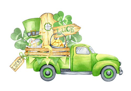 st Patrick's day truck watercolor illustration with gnome, pot of gold, shamrock, clover, horseshoe. Funny hand drawn clip art for holiday cards, invitations. Sublimation.