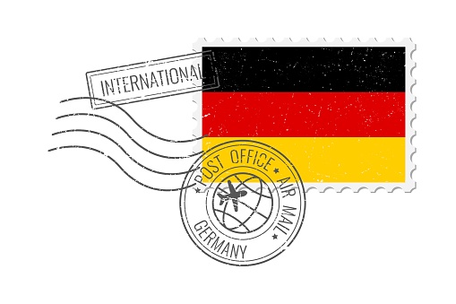 Germany grunge postage stamp. Vintage postcard vector illustration with German national flag isolated on white background. Retro style.