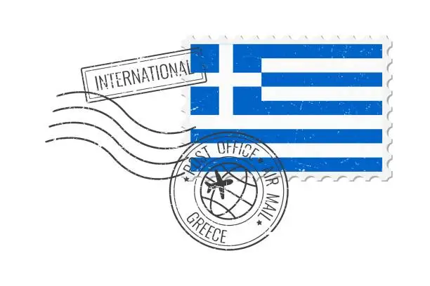 Vector illustration of Greece grunge postage stamp. Vintage postcard vector illustration with Greek national flag isolated on white background. Retro style.