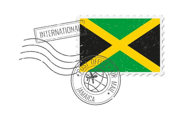 ilustrações, clipart, desenhos animados e ícones de jamaica grunge postage stamp. vintage postcard vector illustration with jamaican national flag isolated on white background. retro style. - mail postage stamp postmark jamaica