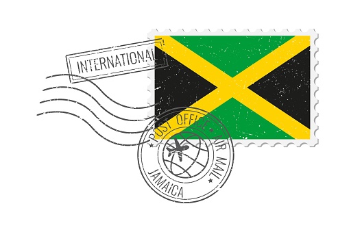 Jamaica grunge postage stamp. Vintage postcard vector illustration with Jamaican national flag isolated on white background. Retro style.