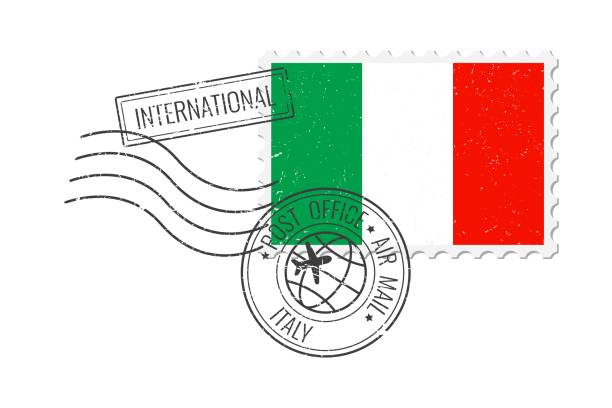 italy grunge postage stamp. vintage postcard vector illustration with italian national flag isolated on white background. retro style. - postage stamp design element mail white background stock illustrations