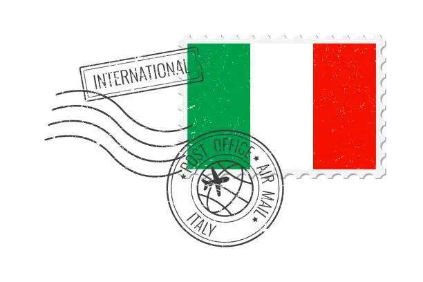 Vector illustration of Italy grunge postage stamp. Vintage postcard vector illustration with Italian national flag isolated on white background. Retro style.