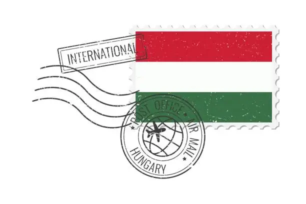 Vector illustration of Hungary grunge postage stamp. Vintage postcard vector illustration with Hungarian national flag isolated on white background. Retro style.