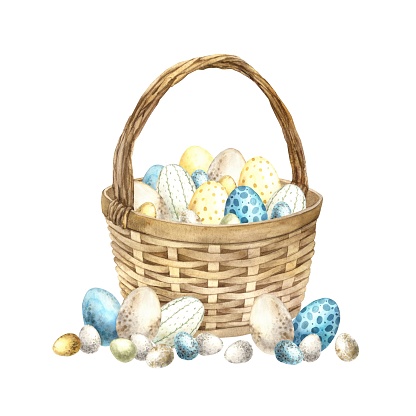 Watercolor Easter wicker brown basket with beautiful multi-colored Easter eggs. Hand drawn illustrations on isolated background for greeting cards, invitations, happy holidays, posters, graphic design, print, label.