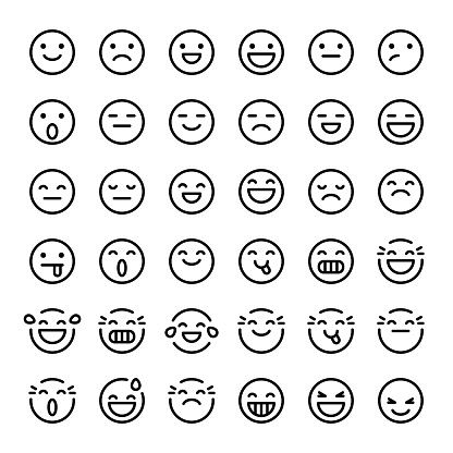 Vector illustration of a collection of 36 emoticons in line art style. Strokes are editable in the vector file.