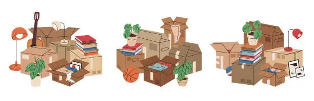 Vector illustration of Cardboard boxes with moving stuff. Stacked cargo moving boxes with clothes, pot plants and books flat vector illustration. New home moving boxes on white