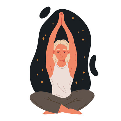 Tranquil woman meditating. Meditating female character sitting in yoga lotus pose, stress relief, meditation and breathing exercise flat vector illustration on white