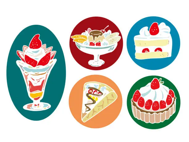 Vector illustration of Coffee shop dessert illustration set: parfait, pudding a la mode, cake, crepe, tart