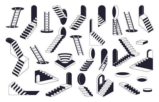 Abstract surreal stairs. Geometric monochrome ladders and minimal outline elements flat vector illustration set. Minimal design ladders collection