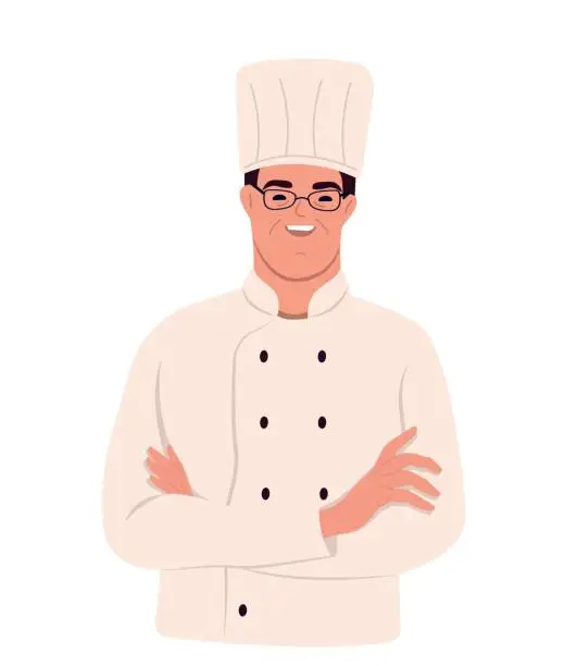 Vector illustration of Man with down syndrome dressed as a chef in cook's jacket and hat smiling while standing with arms crossed, isolated on white background.