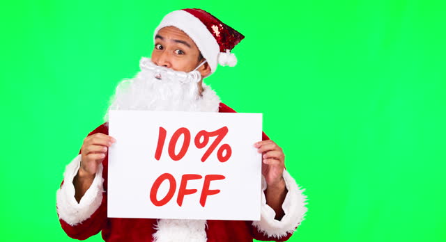 Christmas, discount poster and man on green screen with sale banner for holiday, festival or celebration. Santa Claus, festive season and portrait of male person with sign for saving, bargain or deal