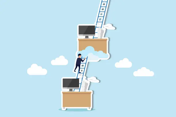 Vector illustration of Career advancement Promotions, success ladder, progress towards goals, challenges, ambitions concept, businessman climb up ladder from his working desk to higher level.