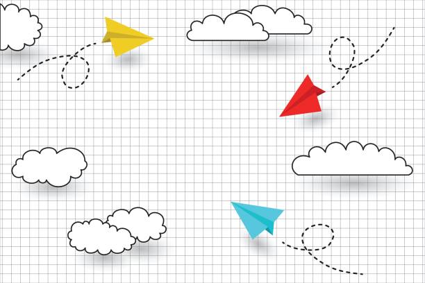 The background is a school notebook with a checkered pattern, paper airplanes of yellow, red and blue colors are flying over the paper among the clouds. The illustration imitates 3D. The background is a school notebook with a checkered pattern, paper airplanes of yellow, red and blue colors are flying over the paper among the clouds. The illustration imitates 3D. background of study stock illustrations
