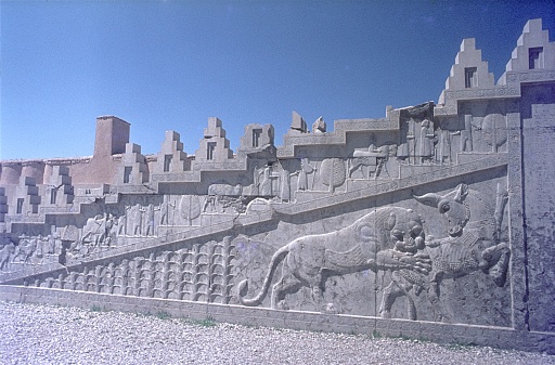 Persepolis, Passangarde, Iran (Persia), 1975. Relief on the palace stairs in Persepolis.
