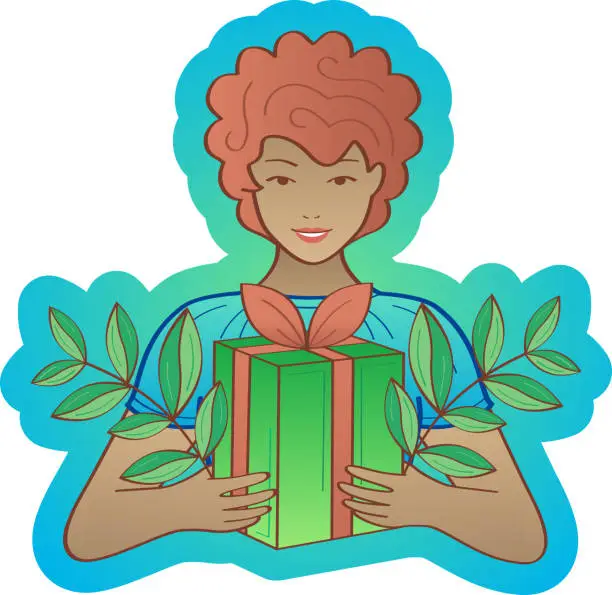 Vector illustration of Happy girl holding gift box