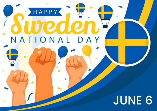Vector illustration of Sweden National Day Vector Illustration on 6 June Celebration with Swedish Flag and Ribbon in Holiday Celebration Flat Cartoon Background
