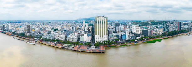 Aerial panoramic view of Malecon Simon Bolivar in Guayaquil, a recreational place for locals and tourists near down town.